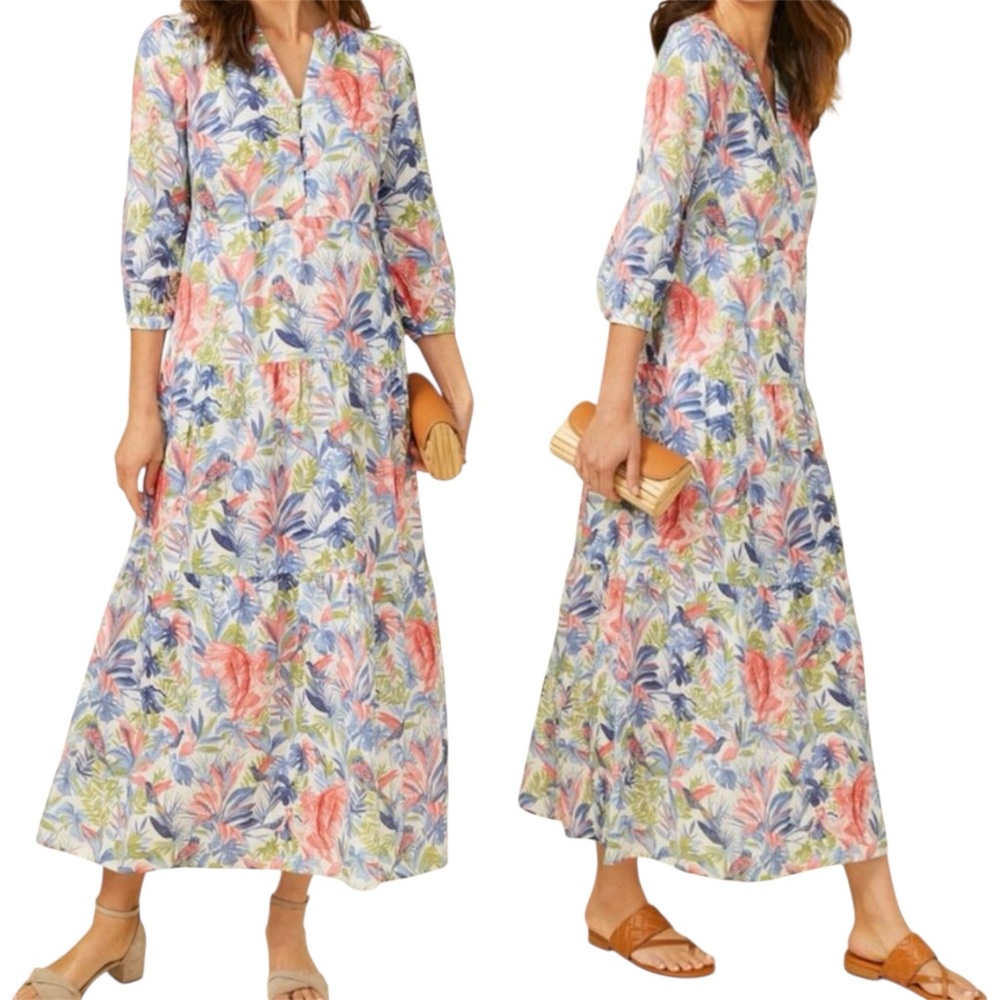 J. McLaughlin | Cunningham Linen Maxi Dress Mangrove Tropical Print Size XS NWT